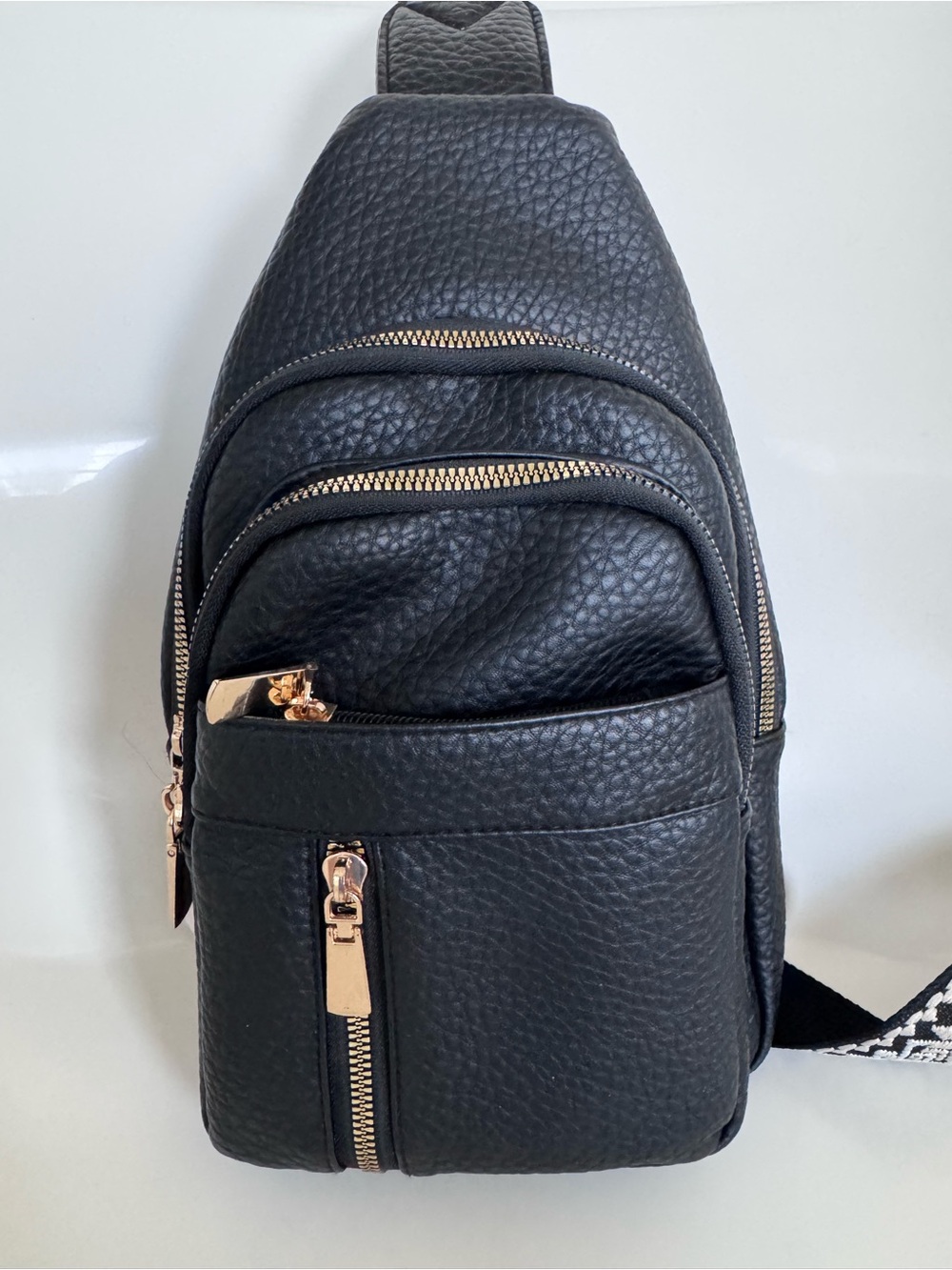 Black Leather Sling Backpack w Embroidered Boho Guitar Strap Crossbody Backpack - Picture 3 of 14